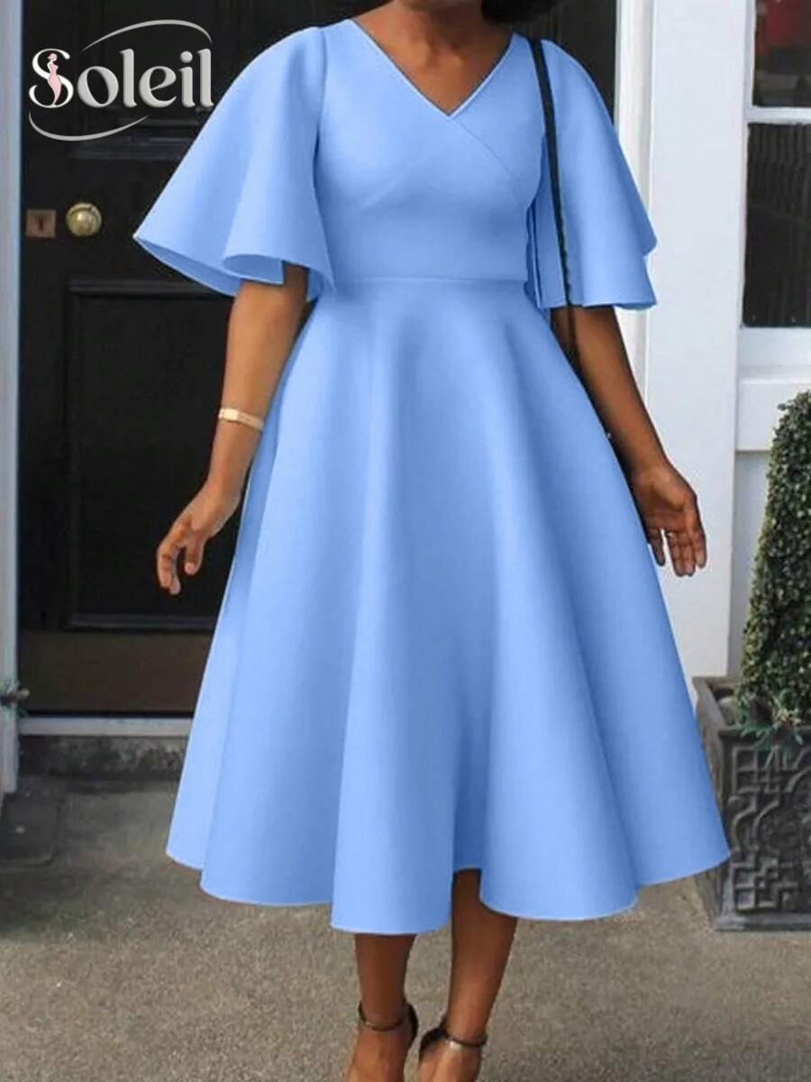 Soleil Women's 2026 New Style Bell Sleeve V-Neck Elegant Large Hem Evening Dress European And American Style Dress - Xanh da trời - Xem 1
