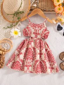 Baby Girls' Vacation Style Spaghetti Strap Hollow Out Dress - Pink - View 3