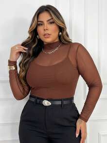 Plain Tulle Body Blouse High Neck Long Sleeve Plus Size - Rỉ Nâu - Xem 2