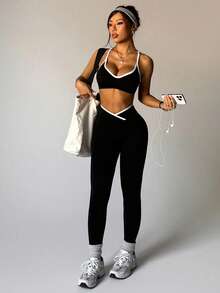 Women Casual Sports Contrast Trim Bra & Leggings Set - Black - View 5