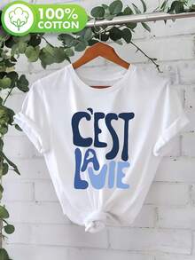 Women's 100% Cotton T-Shirt With Graphic Print - "C'est La Vie" Short Sleeve Crew Neck Casual Top, White With Blue Letters, Regular Fit For Spring And Summer, Women's T-Shirts, Soft Texture T-Shirt, Breathable Fabric, Everyday Top, Relaxed Style, Lightweight T-Shirt - 白色 - 查看 2