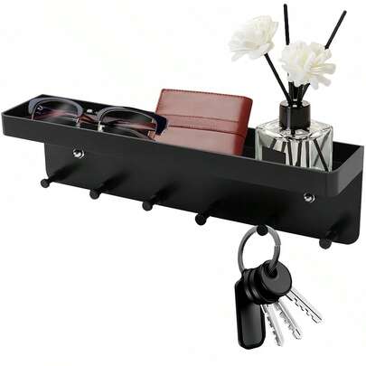 Bộ 2 kệ treo tường, không cần khoan, có khay và 6 móc, thích hợp cho phòng tắm, lối vào, hành lang, văn phòng và nhiều nơi khác, có 2 tùy chọn lắp đặt.