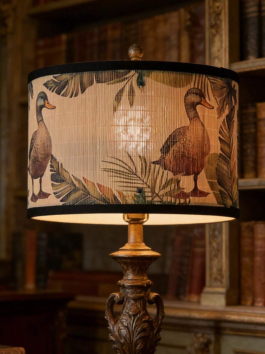 1pc 12 Inch Vintage Bamboo Green-Headed Duck Print Design Drum Lamp Shade - Suitable For Table Lamps, Floor Lamps, Pendant Lights, Wall Lamps. Compatible With E14, E26, E27 Lamp Bases And Harp & Finial. Great For Home Lighting Upgrade, Housewarming, Birthday Or Holiday Gifts. (Lamp And Power Source Not Included). - 綠頭鴨 - 查看 1