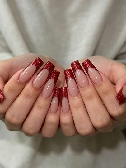 24pcs Summer Elegant Nude Glossy Burgundy Striped French Manicure False Nails, Fashion Versatile Wear For Dates, Parties, Spring/Summer, Autumn/Winter Daily Wear, Removable Press-On Nails Set With Jelly Gel And File Included, Random Jelly Gel Color