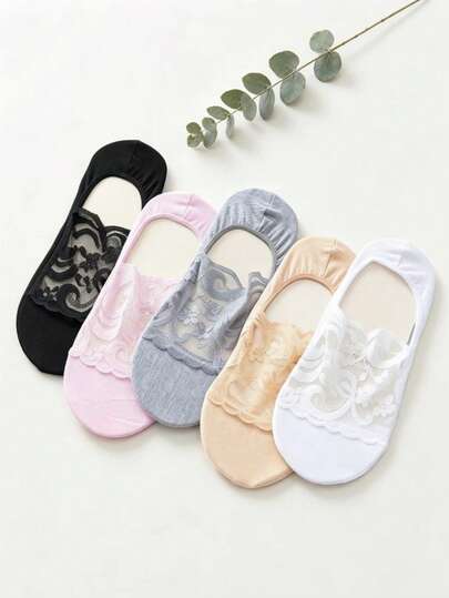 5双装精致蕾丝浅口隐形船袜，透气花卉网眼设计，柔软弹力舒适材质，防滑不易脱落。多种清新色彩可选，百搭鞋履，帆布鞋皆可搭配，温柔呵护双脚。
