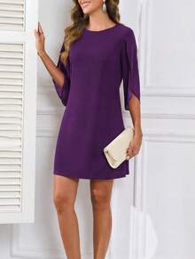 Women's Solid Color Round Neck Cocktail Party Ruffle Sleeve High Waist Chiffon A-Line Casual Dress Elegant Spring - Purple - View 4