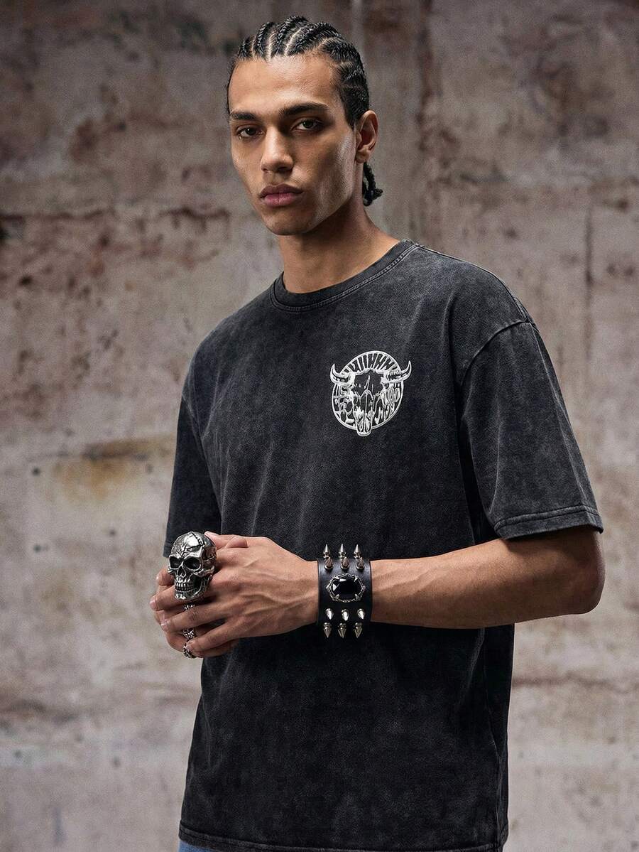 Hemo, Hemo, Men's Summer Cow Head Print Round Neck Short Sleeve Distressed Washed T-Shirt - Black - View 1
