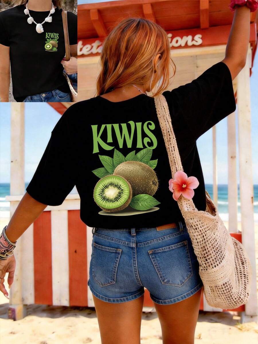 Áo thun nữ cổ tròn tay ngắn mùa xuân/hè, in hình minh họa quả kiwi và lá cây. Được làm từ chất liệu phù hợp, lý tưởng cho trang phục thường ngày. Màu đen. - màu đen - Xem 1