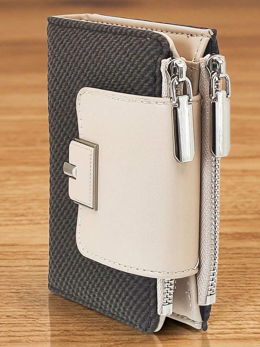Women's Short Wallet, Straw Woven Fabric Texture Soft Exquisite PU Fashion Snap Button Double Layer Zipper Large Capacity Multifunctional Card Holder, Lightweight Minimalist Clutch Bag Suitable For Holiday Gift - Coffee - View 1