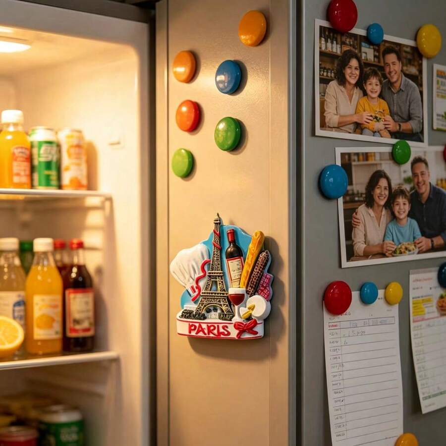6.5cm/2.56in Paris Food Element Refrigerator Magnets, French Travel Souvenir Magnets With 3D Eiffel Tower, Red Wine And Bread Decor - one-size - View 1