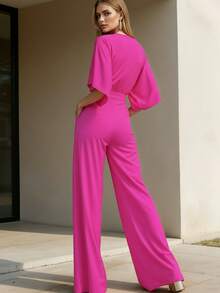 Palazzo De Pierna Ancha Manga Bombacha Jumper De Moda Casual Para Dama - Fucsia - Ver 3