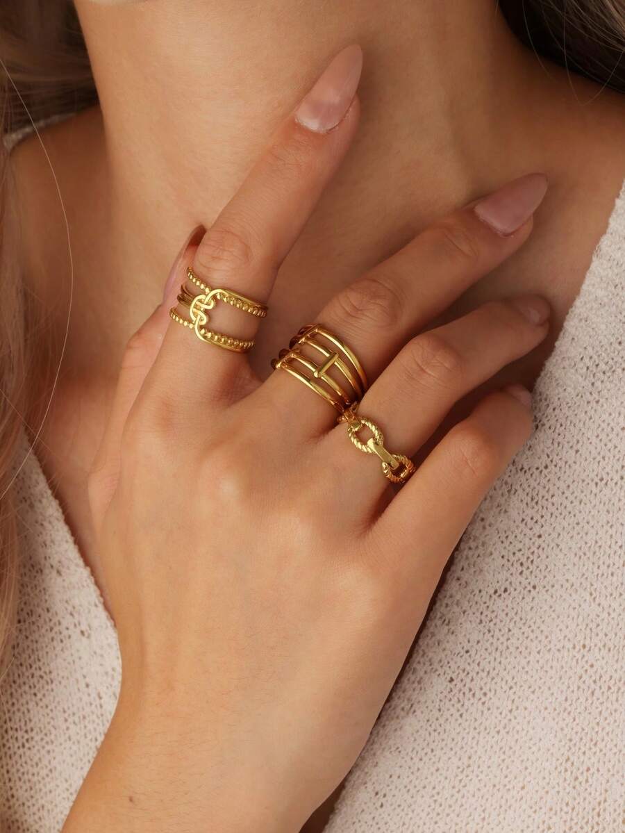3pcs Fashionable Stainless Steel Line Design Ring Set, 18K Gold Plated, Waterproof And Fade-Resistant, Unisex Daily Wear, Suitable For Valentine's Day, Christmas Gift - Multicolor - View 1