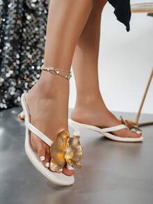 Summer Slip-On Sandals, Low Heel Floral One-Piece Open Toe Backless Slippers - Apricot - View 4