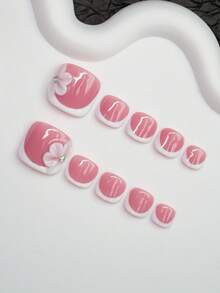 14pcs Y2K Baddie Style Handmade Nail Stickers, Nude & White French Tip Nail Art With Floral Decor, Shiny Nail Wraps Suitable For Party, Wedding, Daily Wear, Includes 4 Extra Nails, Great Gift For Women & Girls - Multicolor - View 3