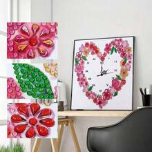 1pc Diamond Painting Clock Kit, Heart & Flower Pattern, DIY Handcraft, Canvas Material, Unique Shape, Diamond Painting Clock With Movement, Suitable For Living Room And Bedroom Decor - View 16