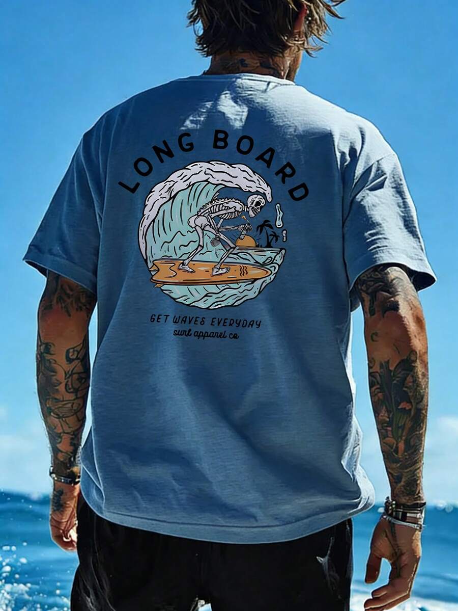 T-shirt à manches courtes décontracté pour hommes avec imprimé d'élément de surf, convient pour l'été, confortable et respirant, à la mode mode - Bleu gris - Voir 1
