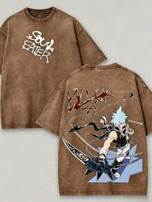 Soul Eater - Black Star Anime Washed T-Shirt, Double-Sided Cotton, Unisex Design, Japanese Manga Merchandise, Men's T-Shirt - 棕色 - 查看 3