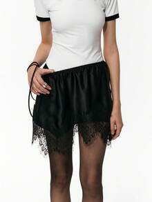 Women's Silk Satin Mini Skirt Elastic Waist Mid Rise Slip Pencil Skirt Beachwear Lace Trim Going Out Summer A-Line Skirt Casual Short Slip Skirt For Party Vacation Casual Loungewear - Black - View 2