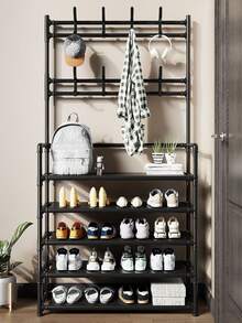 1个多功能4/5层铁艺衣鞋架，带8个挂钩 - 易于组装，黑色 - 彩色 - 查看 1