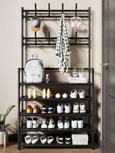 1 قطعة رف حديدي متعدد الاستخدامات 4/5 طبقات لتعليق الملابس والأحذية مع 8 خطاطيف - سهل التركيب، أسود