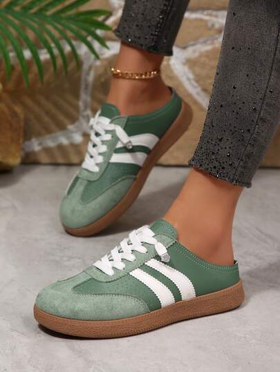 Giày nữ đa năng thời trang thường ngày, sandal hở gót, giày thể thao đế bằng chống trượt buộc dây mũi tròn đế cao su, phối màu xanh lá cây và be, phù hợp cho mang hàng ngày, giày cao su kiểu dáng casual, cỡ 36-43.