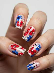 24pcs Short Square 4th Of July Nail Stickers With Red, Blue & Floral Print Accents, Includes 1pc Jelly Gel And 1pc Nail File. Removable Nail Wraps To Make Your Fingertips Shine Bright, Suitable For Women's Daily Work And Party Occasions In Summer - Multicolor - View 7