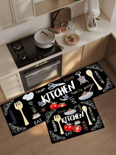 1pc Silica Gel Kitchen Floor Mat, Black Background With Prominent White "KITCHEN" Text, Decorated With Cutlery, Food Items, And Motivational Kitchen-Themed English Words, Vibrant Cartoon Kitchen Design