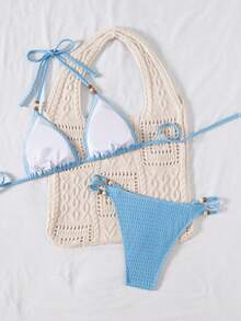 Women's Swimwear Set, Light Blue Textured Fabric Halter Neck Triangle Bikini 2-Piece, Beaded Decor, Versatile Beach Vacation Swimwear Summer - Blue - View 4