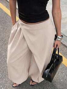 Women's High Waist Wide Leg Pants, Gothic/Japanesque Style, Loose Asymmetrical Cut, Casual Street Fashion, Solid Color Woven Fabric, Button Closure, Suitable For School, Office, Daily Wear, Airport, Spring/Summer Black - 黑色 - 查看 11