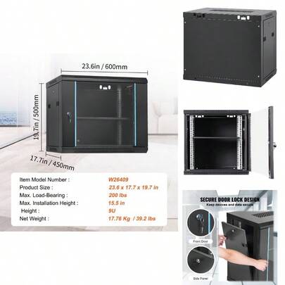 9U Wall-Mounted Server Cabinet, 15.5'' Depth, Secure Rack Enclosure, Supports Up To 200 Lbs, Features Lockable Glass Door And Side Panels, IT And A/V Gear