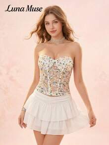 Luna Muse New Vintage Floral Embroidered Lace-Up Backless Bustier Crop Top, Sexy Y2K Style Bodycon Camisole, Elegant Fitted Sleeveless Bralette Top, Suitable For Daily, Party, Date, Street, Club, Casual, Punk, Thanksgiving, Music Festival, Christmas, New Year, Paired With Mini Skirt - Beige - View 4