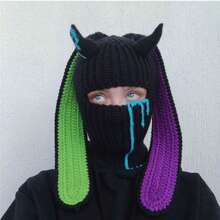 Unisex Thick Chunky Yarn Knit Beanie Hat Handmade Horn & Long Ear Devil Helmet Cap Warm Winter Knitted Hat - 黑紅 - 查看 10