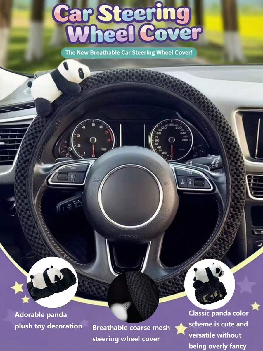 1 chiếc bọc vô lăng lưới dày hình gấu trúc, phụ kiện ô tô - vỏ bọc vô lăng - Xem 1
