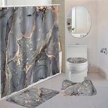 1/3/4 Pcs Luxury Marble Pattern Shower Curtain Set, Bathroom Decor, Includes Bath Mat And Toilet Lid Cover, 70.87x70.87 Inch High Quality Shower Curtain - A - View 3