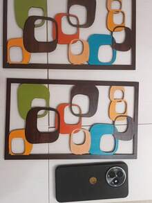 2 piezas de Arte mural de madera moderno medieval - Paneles geométricos abstractos en verde, naranja, azul y marrón, apropiados para la decoración de la sala de estar, elegante acento de pared interior, perfecto para el hogar u oficina, acabado de madera con textura para exhibición de pared interior - Multicolor - Ver 12