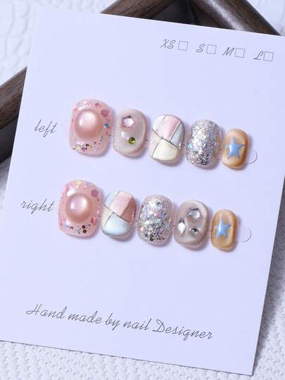 10pcs/Set Handmade Short Round Palm Pieces In Y2K Pink Style & 3D Hand-Painted Squeezing & Hand Painted Five Pointed Star Glitter And Diamond Inlay Design Nail Decoration. 1 Piece Of Jelly Gel And 1 Piece Of Nail File. Perfect For Daily Life And For Costumes At Coachella Music Festival, Press On Nails And Nail Care Products.