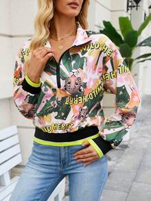 Chaqueta con estampado de leopardo de moda para mujer, de manga larga, cuello alto, cierre con cremallera, puños y bajo acanalados, prenda exterior casual corta para todas las estaciones - Color - Ver 4