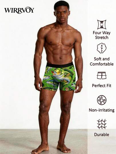 2 Peças Conjunto de Cuecas Boxer Slip Masculinas com Estampa de Peixe Empoleirado, Cuecas Estilo Pescador Novidade, Presente de Aniversário/Dia dos Namorados/Casamento/Melhor Amigo/Namorado/Marido