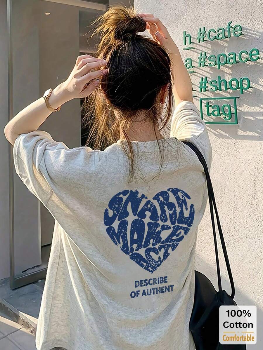 White Heart Print Short Sleeve Mid-Length T-Shirt, Fashionable Printed Casual Top #3333 Summer - Gray - View 1