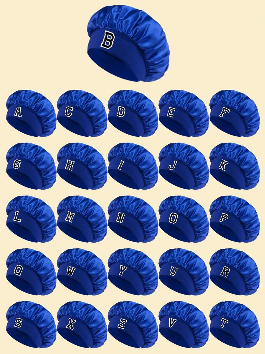 1 chiếc mũ ngủ bằng satin in 26 chữ cái, có dây thun rộng, chất liệu mềm mại như lụa, lý tưởng cho giấc ngủ, du lịch, làm tóc và chăm sóc tóc hàng ngày của phụ nữ. - Xanh đậm - Xem 1
