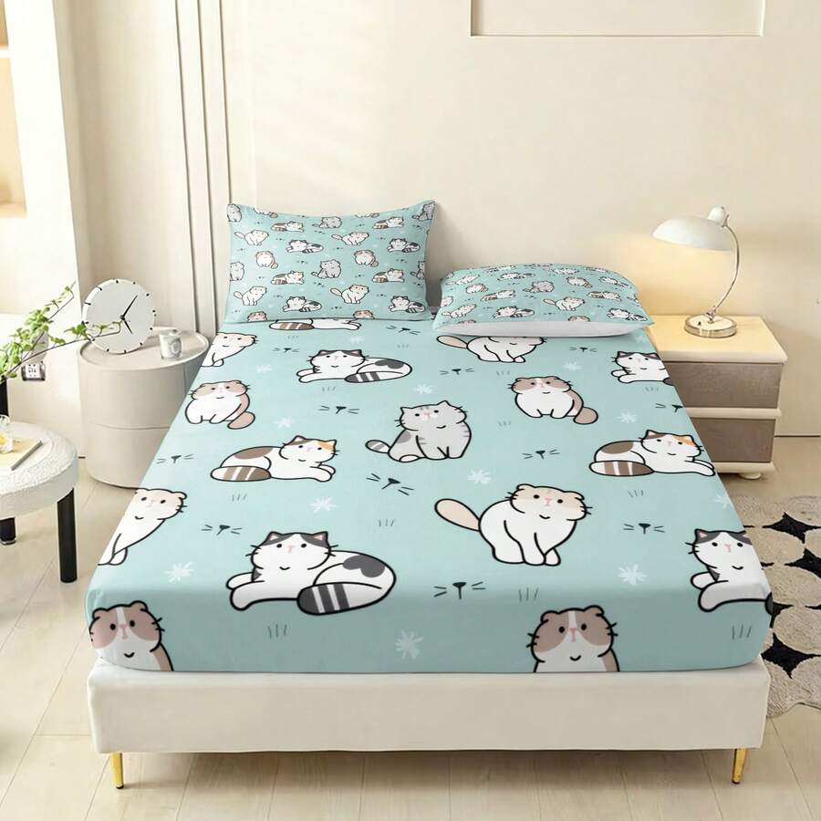 3pcs Cute Cartoon Cat Pattern Printed Fitted Sheet Set, Including 1 Fitted Sheet And 2 Pillowcases. Multiple Sizes Are Available. It Is Suitable As A Holiday Gift For Friends And Can Be Used In Bedrooms, Guest Rooms, Dormitories, And Hotels. - Multicolor - View 1