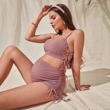 Vacation Style Maternity Beach Swimwear, Drawstring Side Slim Fit Maternity Bikini 2 Piece Set - Pale Pinkish Gray - View 1