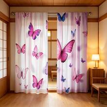 两片装优雅粉色蝴蝶窗帘，适用于卧室或婴儿房 - 杆袋式设计，柔软涤纶面料，鲜艳的蝴蝶图案 - 彩色 - 查看 15