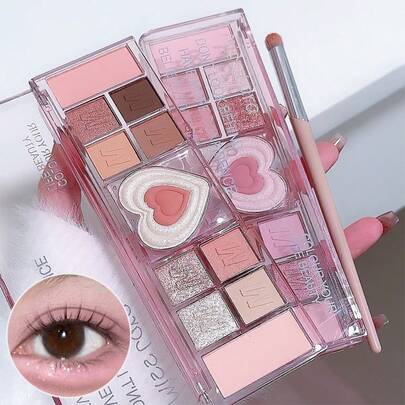 Paleta de sombras de ojos con 12 colores en forma de corazón con tonos rosados melocotón - Acabado perlado brillante y tonos terrosos brillantes de maquillaje, look natural, adecuado para principiantes de la serie de niñas naturales