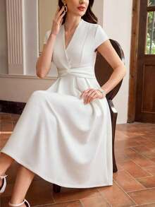 Vintage Elegant Women's Dress Twist Knot V-Neck Casual Work Holiday Party Long Dress Summer Dresses For Women Summer Holiday Outfits Spring Outfit Women Spring Dress Women Spring Clothing Spring Break Outfits Valentine's Day Dress Valentine Outfits For Women Valentine Dress Elegant Dresses For Party Elegant Party Dresses For Women Wedding Guest Dress For Women Wedding Party Dress Elegant Dresses For Women White Elegant Dress Tea Length Dress White Wedding Guest Dress Solid Color Dress White Dress For Valentine's Day Spring White Dress For Women Spring/Summer Fitted Mini Cap Sleeve Twist Hem Dress, - 白色 - 查看 7