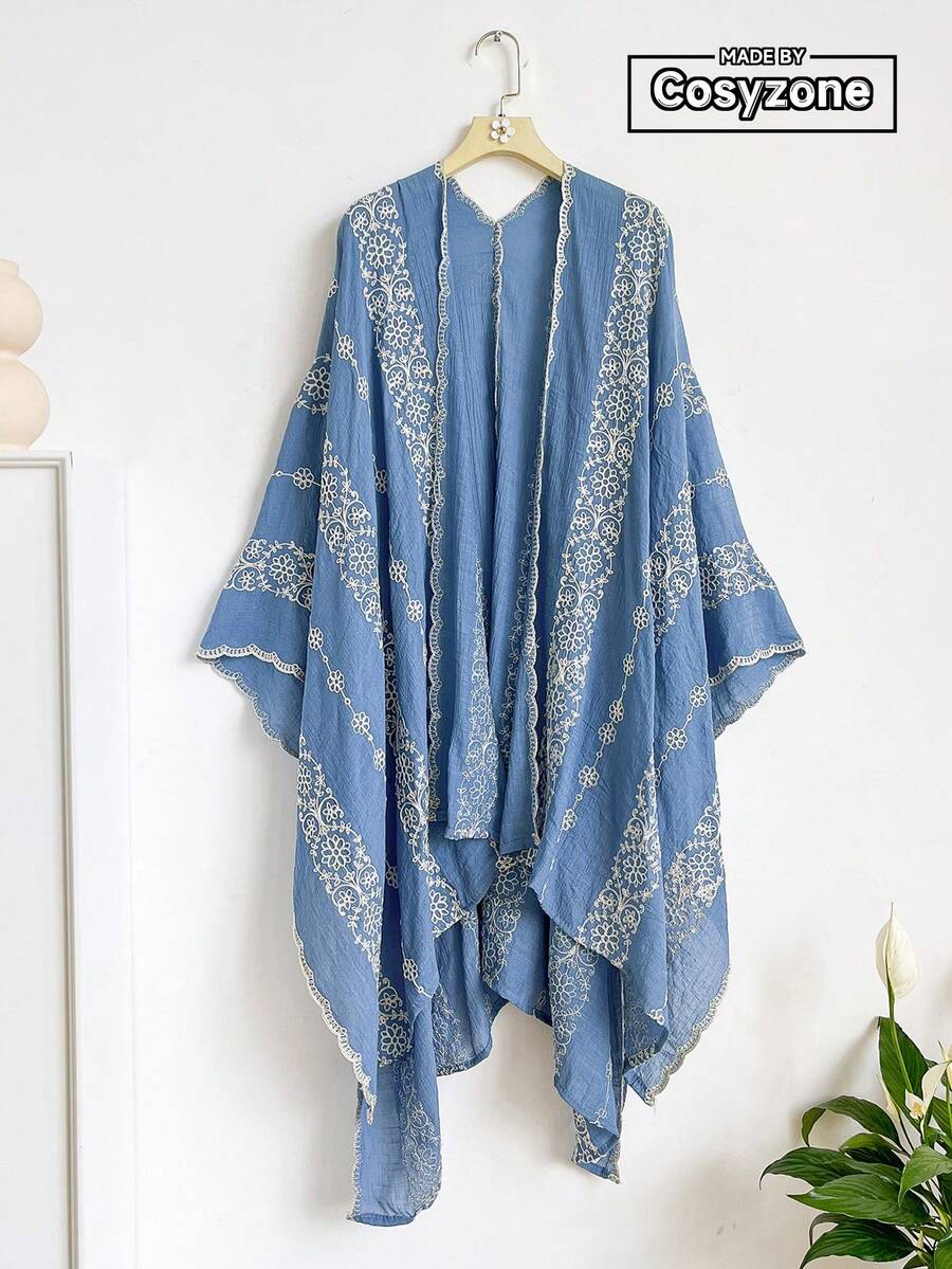 1 chiếc khăn choàng/áo khoác kimono thêu hoa kiểu Bohemian trang nhã, thích hợp mặc đi biển mùa xuân/hè cho nữ, áo cardigan nhẹ chống nắng, phụ kiện trang trí sang trọng đa năng, lý tưởng để mặc hàng ngày và làm quà tặng. - Màu xanh lam - Xem 1