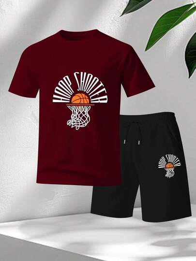 Vintage Washed Basketball Dunk Themed Sports Streetwear For Basketball Enthusiasts, Featuring A Print Summer Casual Short-Sleeve And Shorts Set| Quick-Dry Fabric|  Loose-Fitting Sports Outfit Brunch Outfits For Women Trajes De Mujer Casual Shorts For Men Ensemble Pour Homme