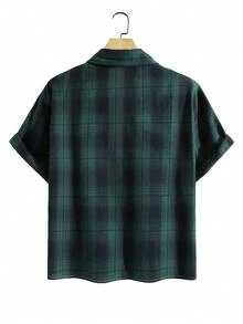 男士短版格紋短袖襯衫 復古街頭風鈕扣上衣 - 墨綠色 - 查看 7