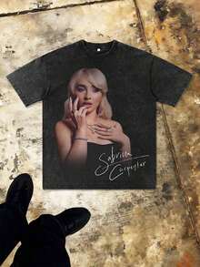 Summer Essentials Graphic TeesMen's Vintage Acid Wash Pure Cotton Sabrina Tee Carpenter Signature Portrait Graphic Print T-Shirt Coachella Music Festival Concert Fan Gift Casual Short Sleeve Oversized Tee Festival Outfit Retro,100 Percent Cotton,Valentine's Day,Summer Vacation Outfits. ,Graphic Tees,Vintage T Shirts,100 Percent Cotton,Camisetas Para Hombre,Merch,Band T Shirts,Men Vacation Outfits,Summer Vacation Outfits - 黑色 - 查看 6