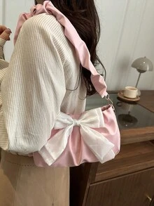 Bow Decor Pleated Chain Shoulder Bag - Pink - View 3